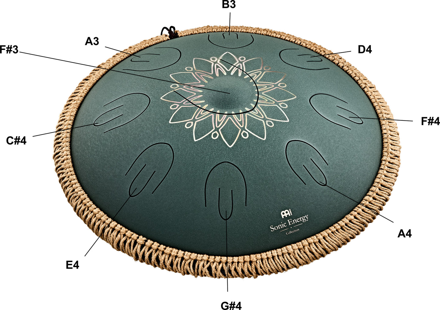 MEINL Sonic Energy Octave Steel Tongue Drum 16" - F# Minor/9 Notes>/432 Hz - Dark Green, Engrav detail view 9 at Luna Panther