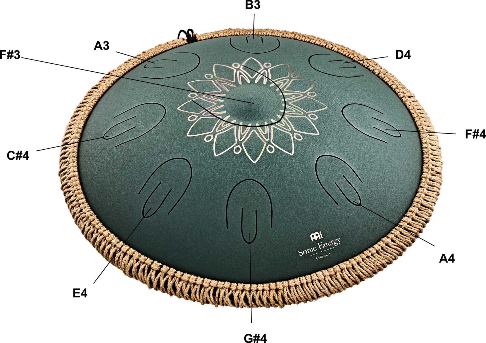 MEINL Sonic Energy Octave Steel Tongue Drum 16" - F# Minor/9 Notes>/432 Hz - Dark Green, Engrav detail view 9 at Luna Panther