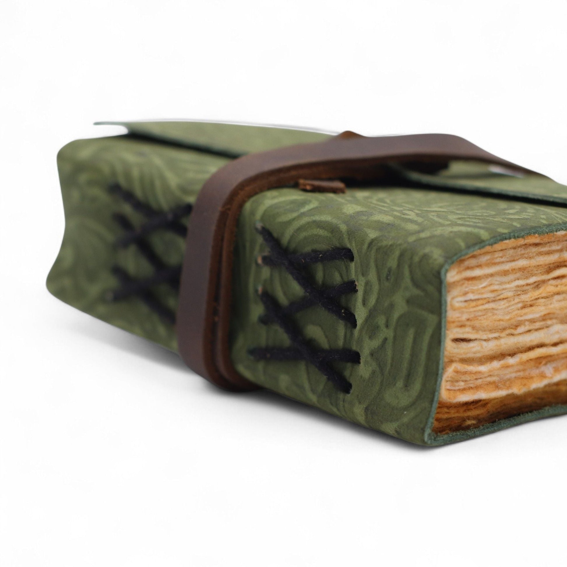 Fat Deckled Leather Notebook - Green Maze Pattern - 12.7×8.9 cm - Luna Panther