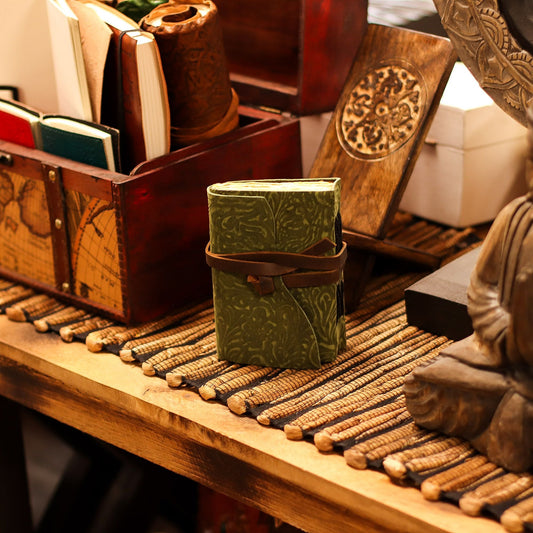 Fat Deckled Leather Notebook - Green Maze Pattern - 12.7×8.9 cm - Luna Panther