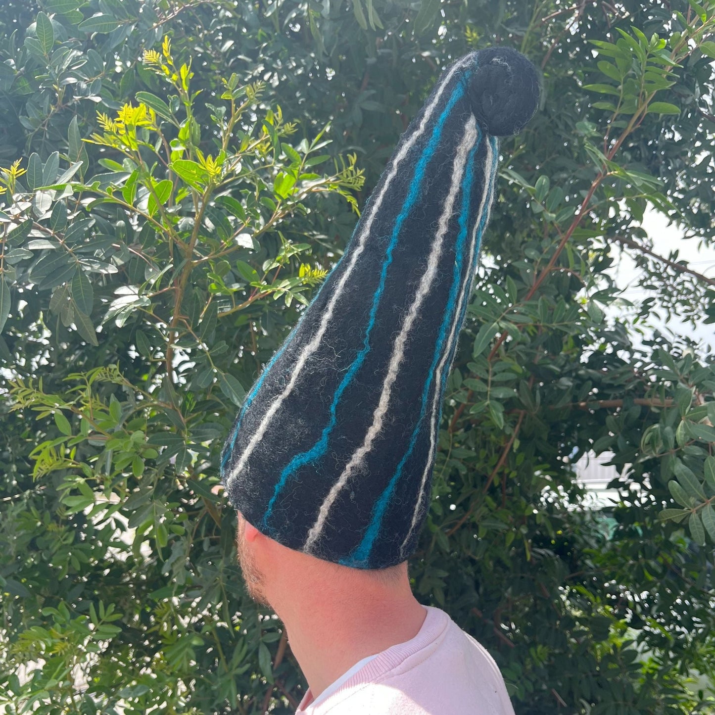 Felted Sauna Wizard Hat - Black Blue Streaks - Luna Panther