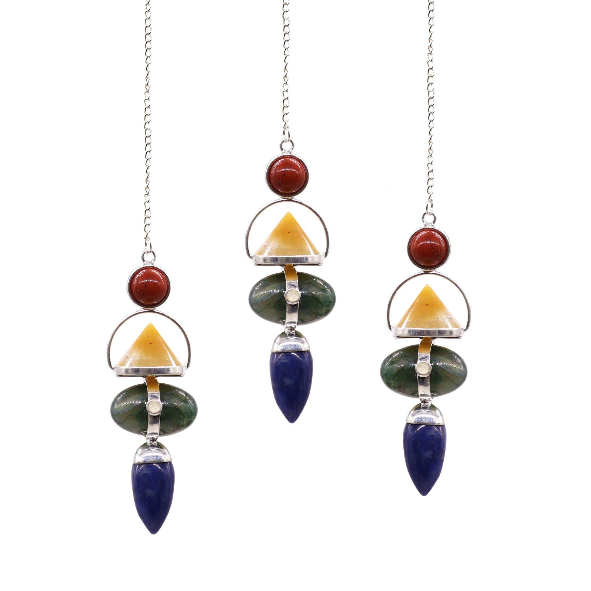 Polished Four Elements Gemstone Pendulum - Red Jasper, Yellow Aventurine, Moss Agate, Sodalite & Moonstone featuring green mossy inclusions in translucent base - Luna Panther