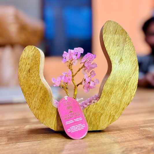Gemstone Garden - Mango Wood Open Ring - Rose Quartz - 60 chipstones Crystal Tree - Luna Panther