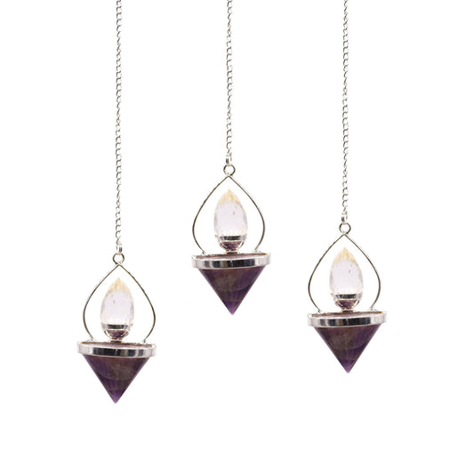 Polished Gemstone Lantern of Life Pendulum - Amethyst & Rock Quartz featuring rich purple colour and natural clarity - Luna Panther