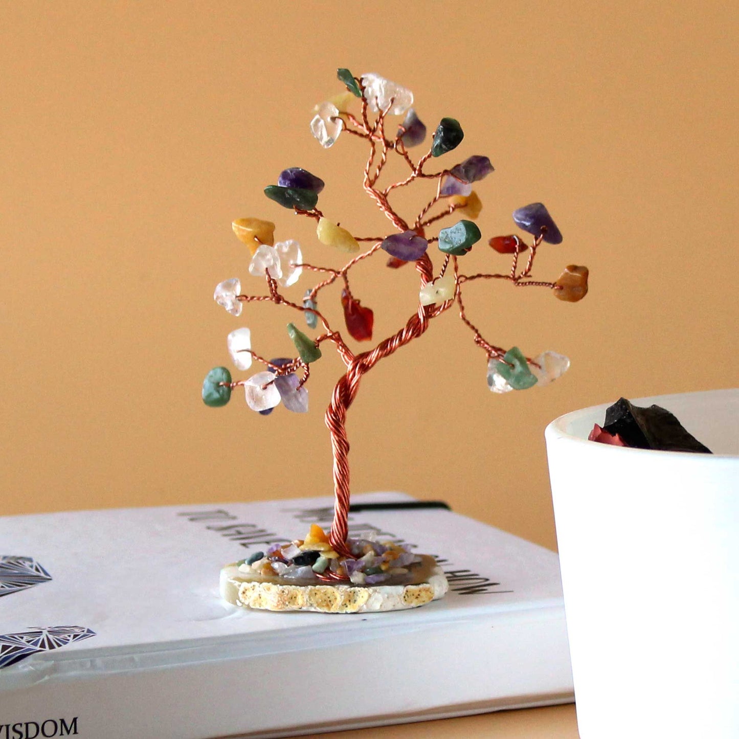 Polished Gemstone Tree - Multi Stones on Natural Agate Base (35 stones) featuring banded patterns and glossy finish - Luna Panther