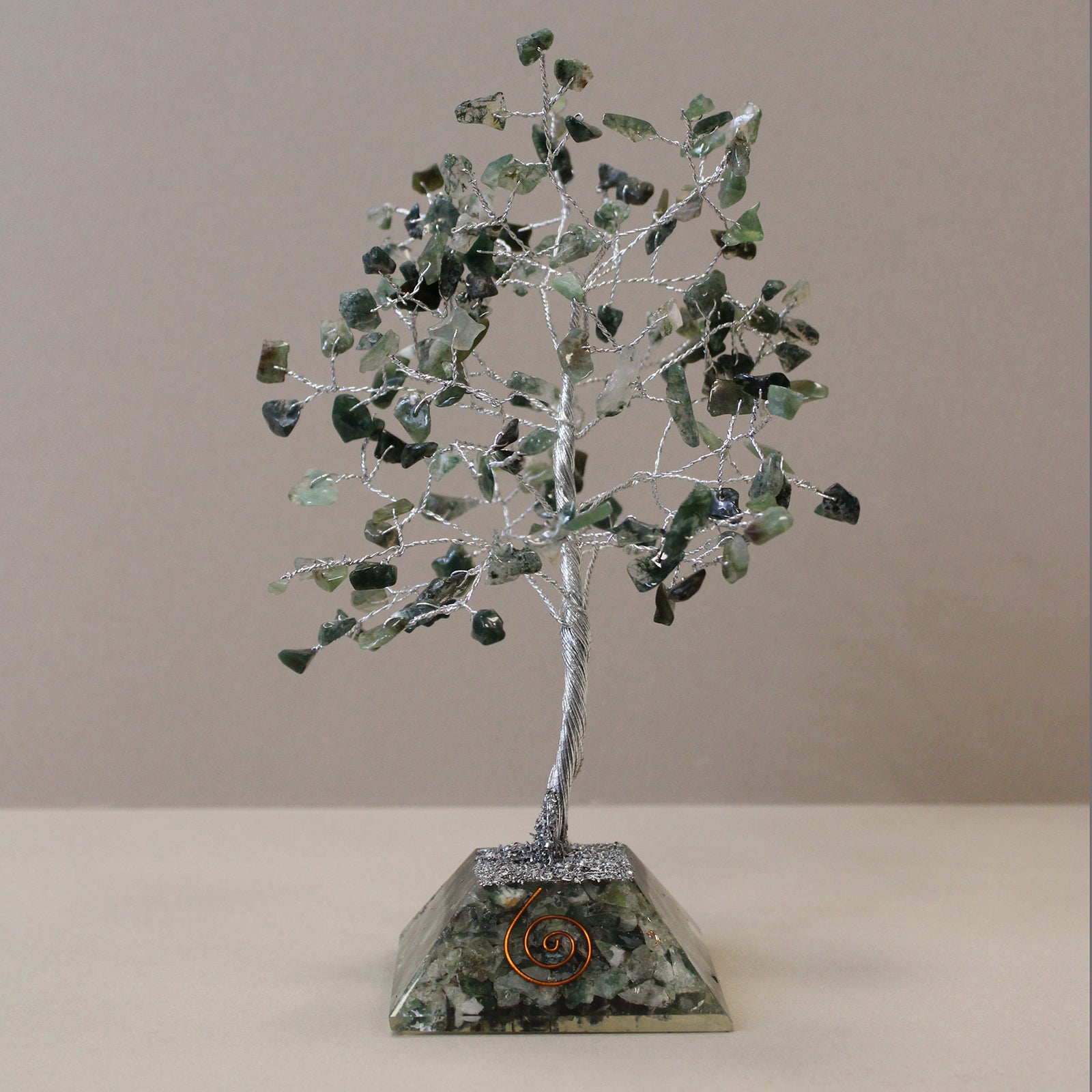 Polished Gemstone Tree with Orgonite Base - 160 Stone - Moss Agate featuring green mossy inclusions in translucent base - Luna Panther