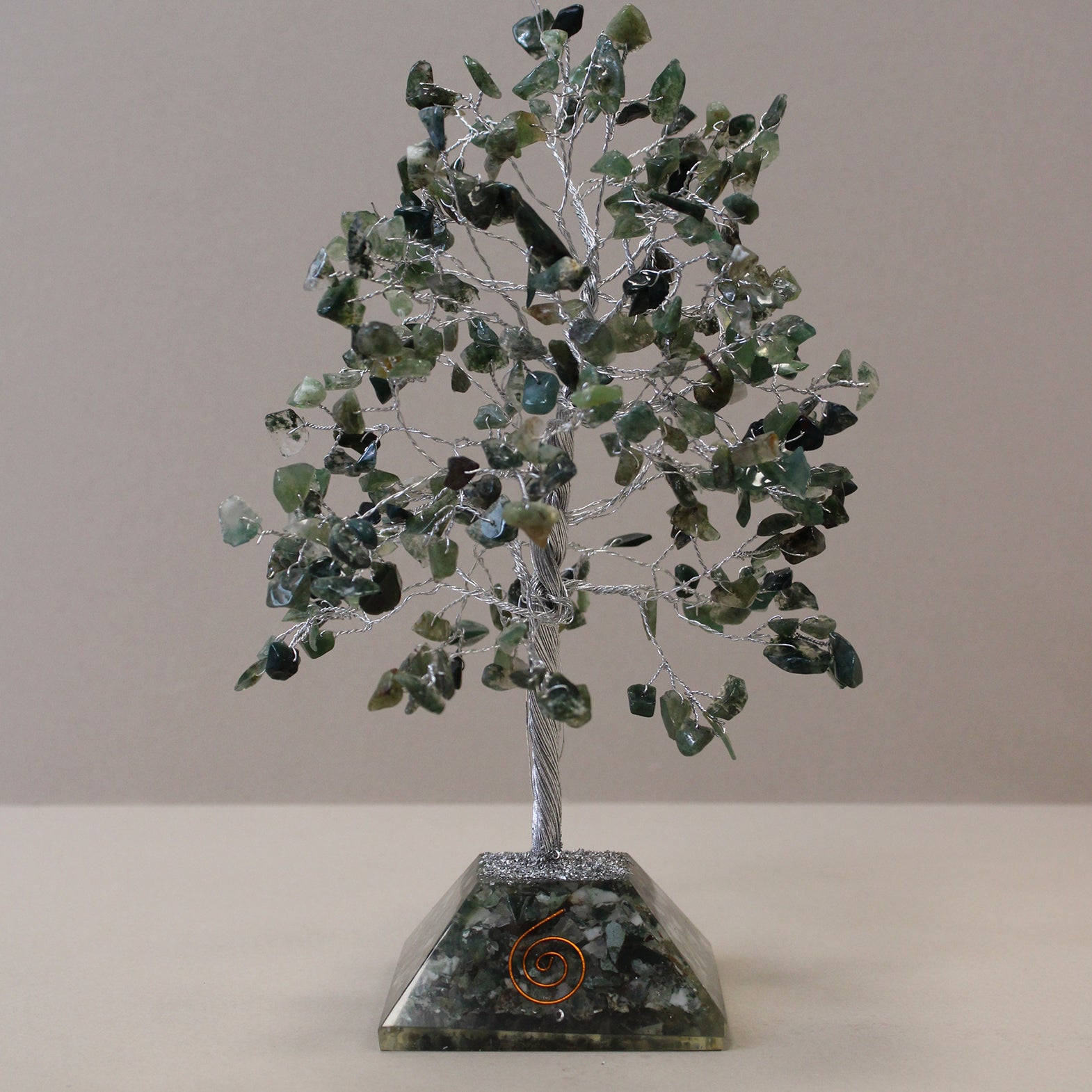 Polished Gemstone Tree with Orgonite Base - 320 Stone - Moss Agate featuring green mossy inclusions in translucent base - Luna Panther