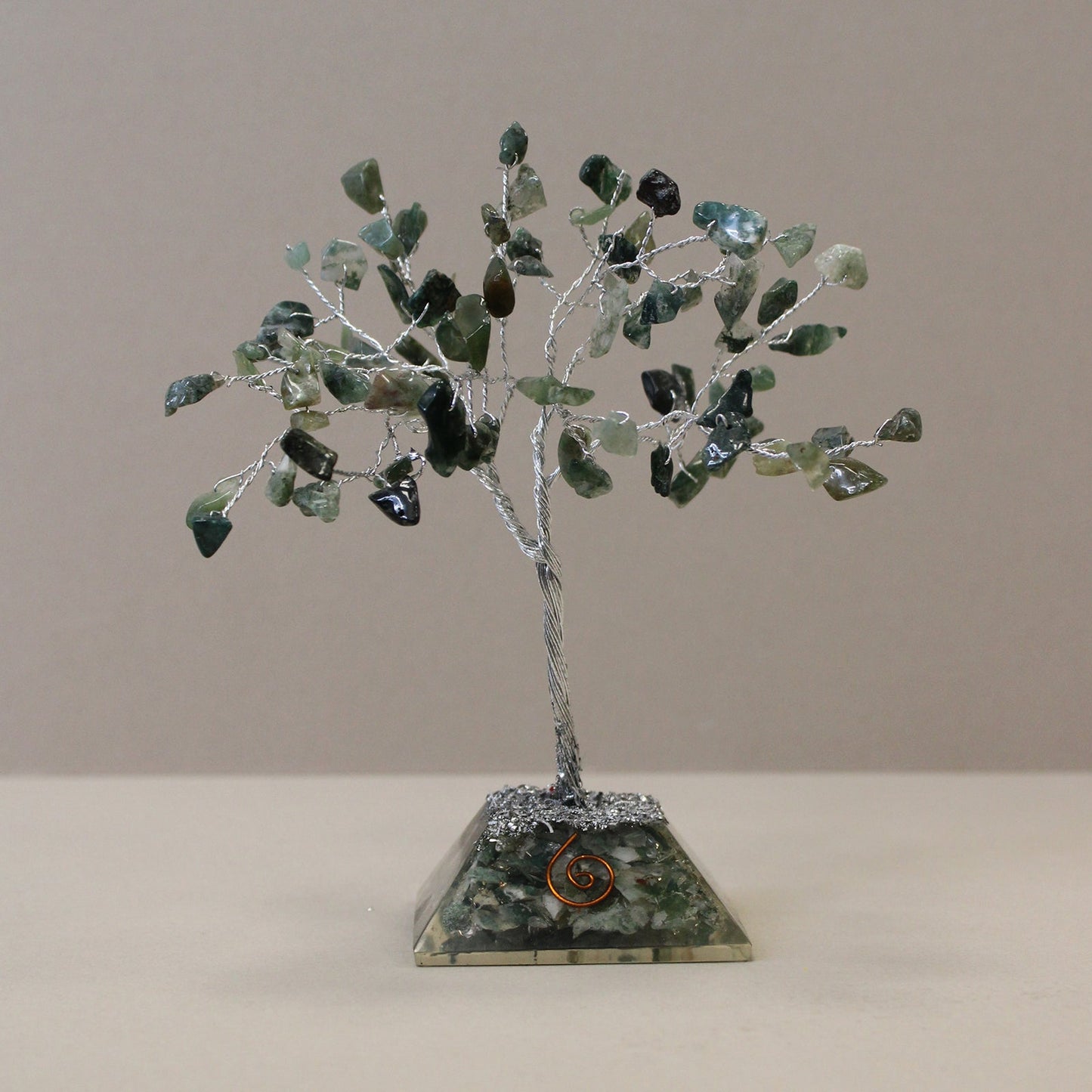 Polished Gemstone Tree with Orgonite Base - 80 Stone - Moss Agate featuring green mossy inclusions in translucent base - Luna Panther