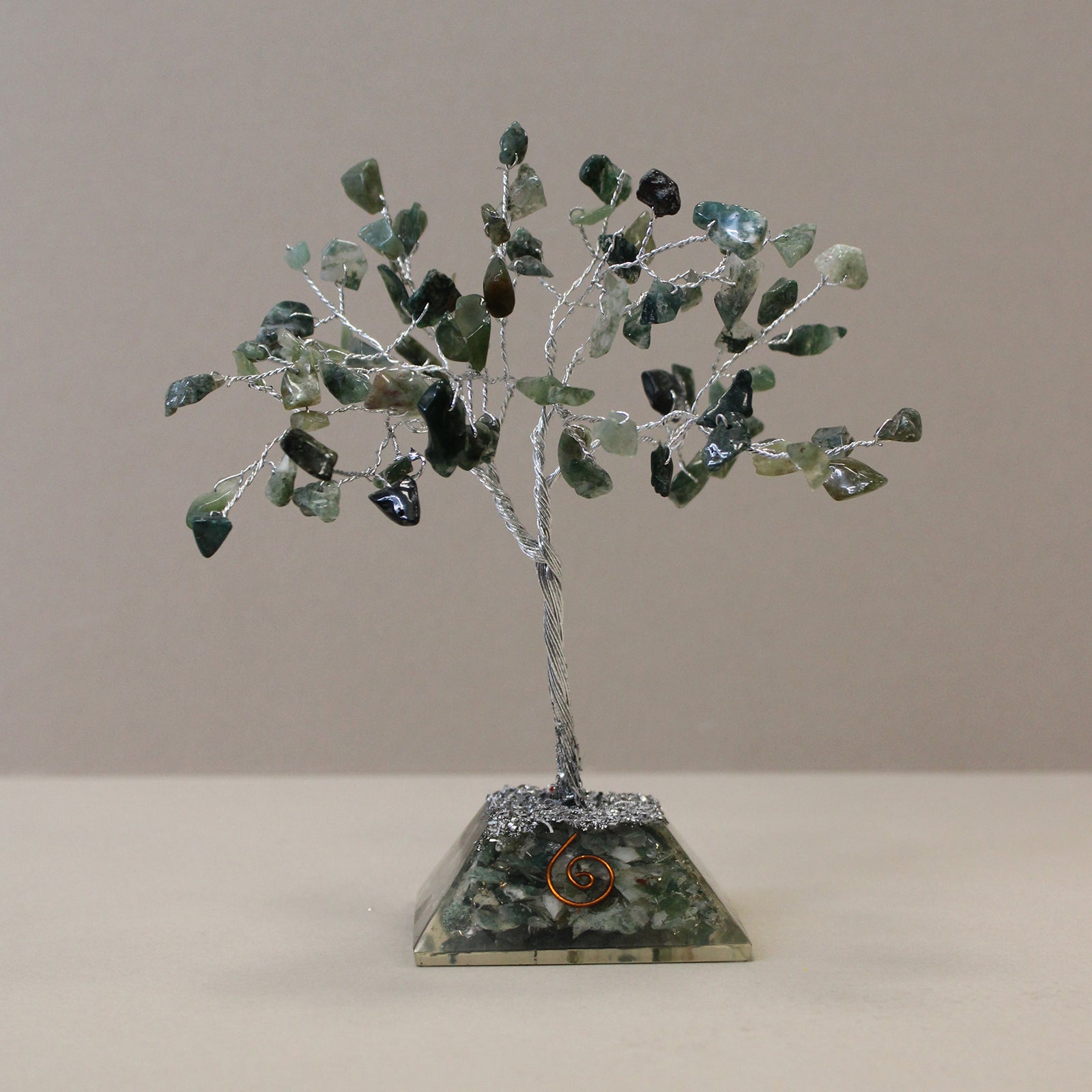 Polished Gemstone Tree with Orgonite Base - 80 Stone - Moss Agate featuring green mossy inclusions in translucent base - Luna Panther