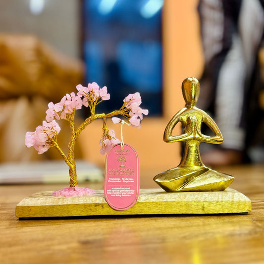 Gemstone Yoga Garden - Namaste Pose - Rose Quartz Tilted - 100 chipstones Crystal Tree - Luna Panther