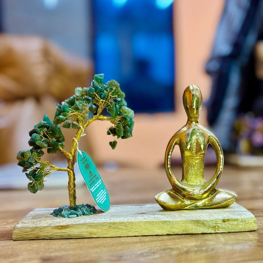 Gemstone Yoga Garden - Padmasana Pose - Green Aventurine - Tilted - 100 chipstones Crystal Tree - Luna Panther