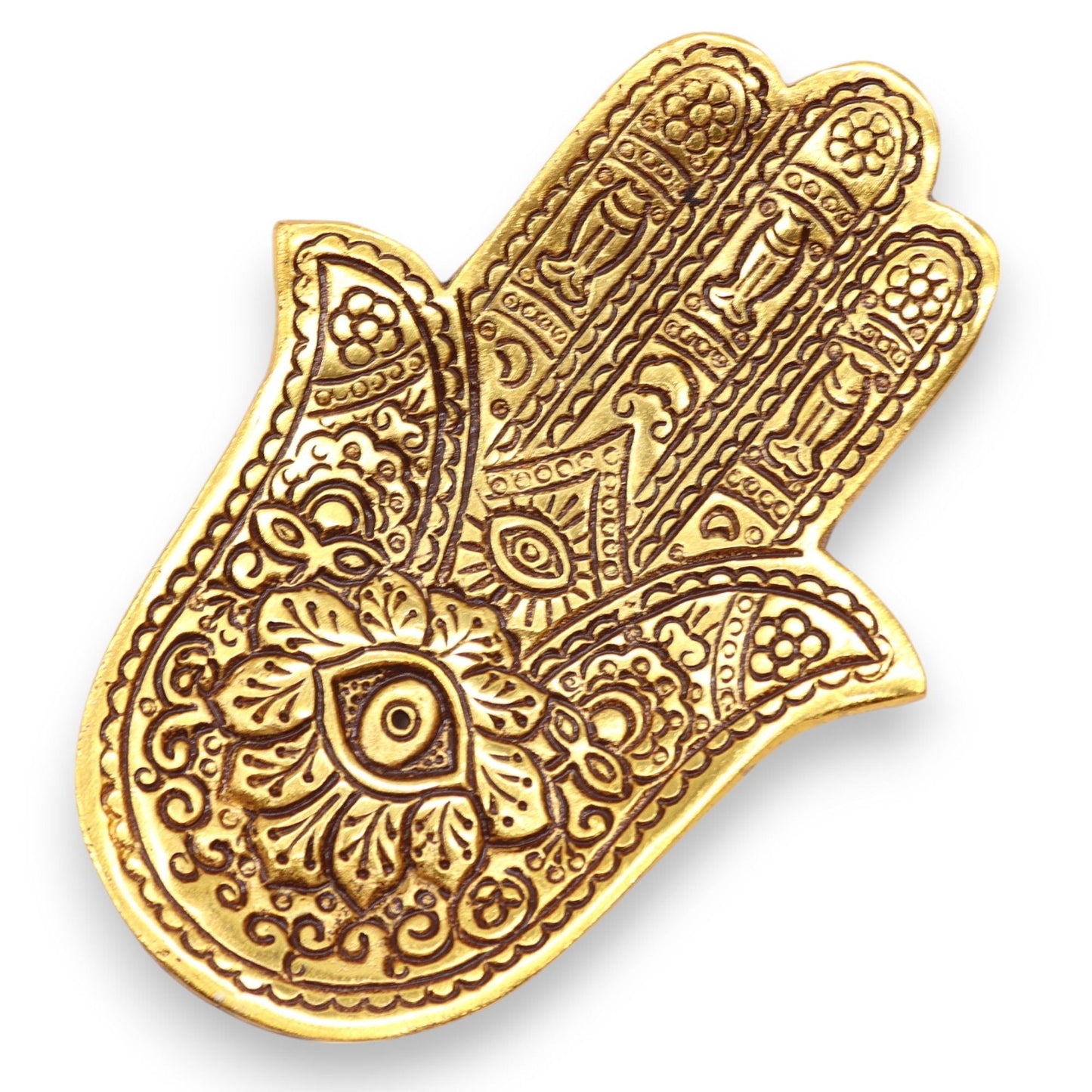 Polished Gold Aluminium Small Hamsa Incense Holder featuring natural patterning and unique variations - Luna Panther