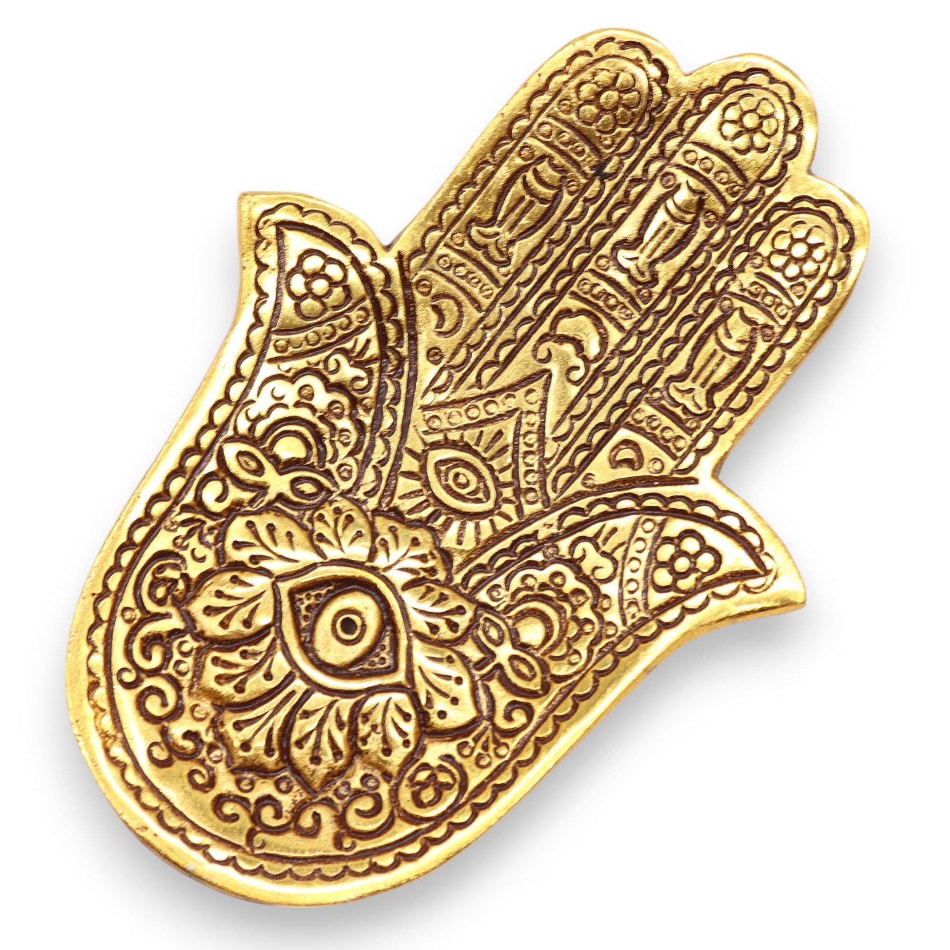 Polished Gold Aluminium Small Hamsa Incense Holder featuring natural patterning and unique variations - Luna Panther