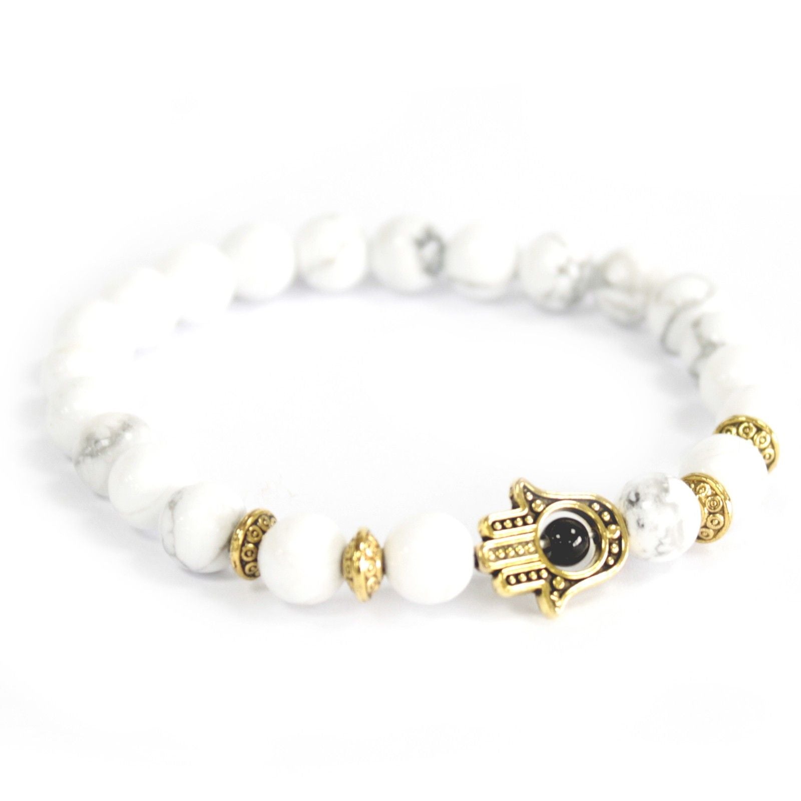 Polished Gold Hamsa / White Stone - Gemstone Bracelet featuring natural patterning and unique variations - Luna Panther