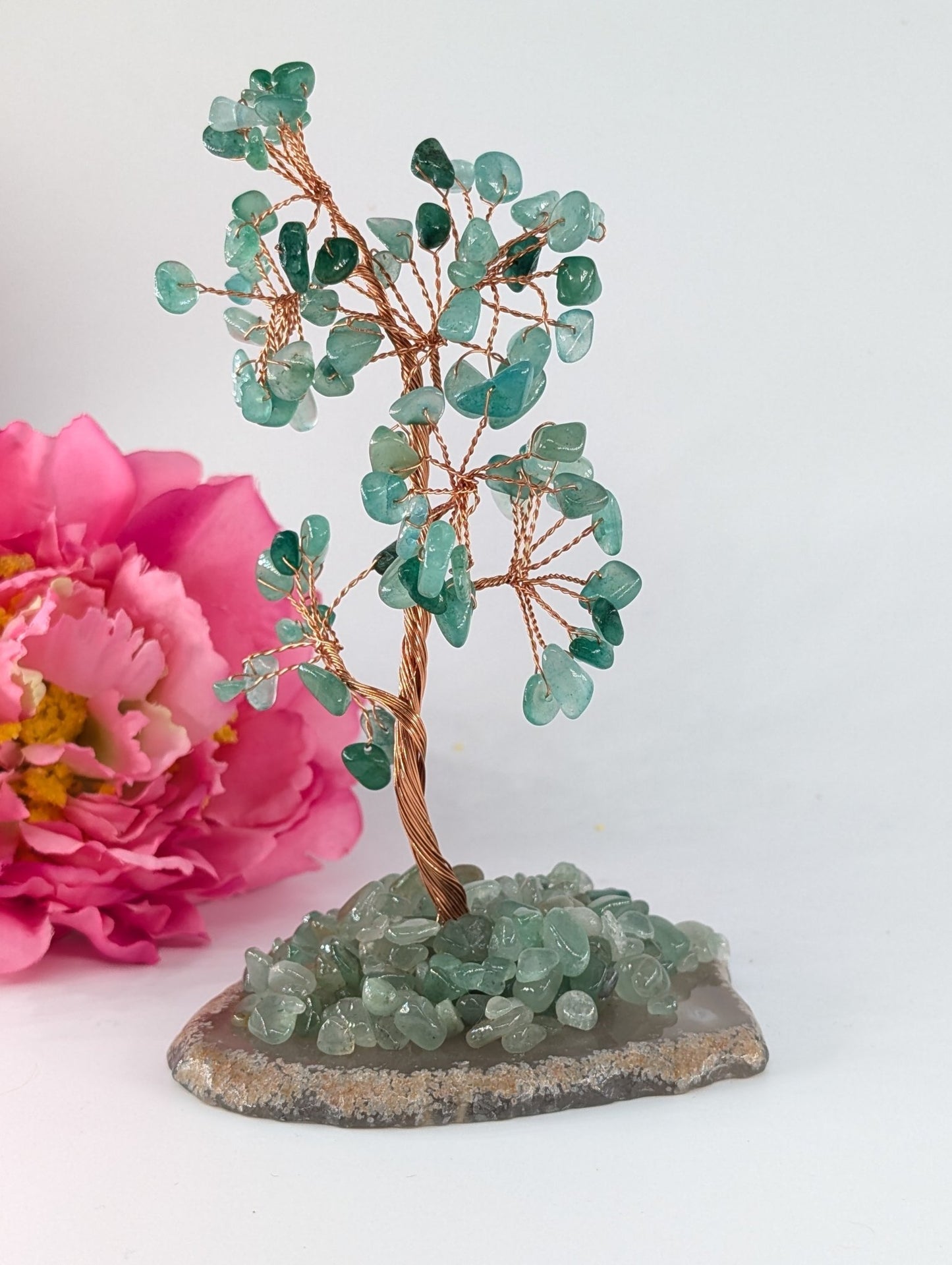 Polished Green Aventurine Crystal Tree on Natural Agate 135mm featuring green tone with subtle sparkle - Luna Panther