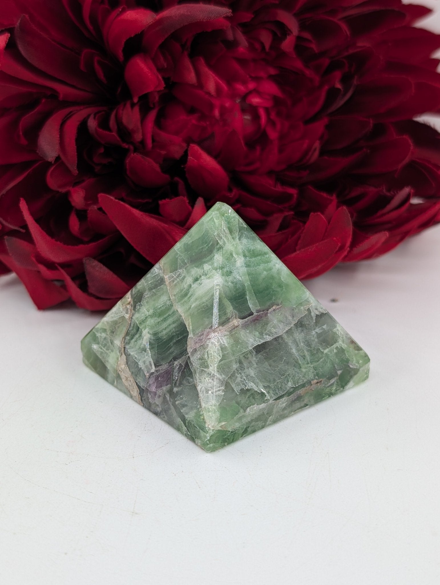 Polished Green Fluorite Pyramid 55Mm featuring banded green‑purple hues and glassy clarity - Luna Panther