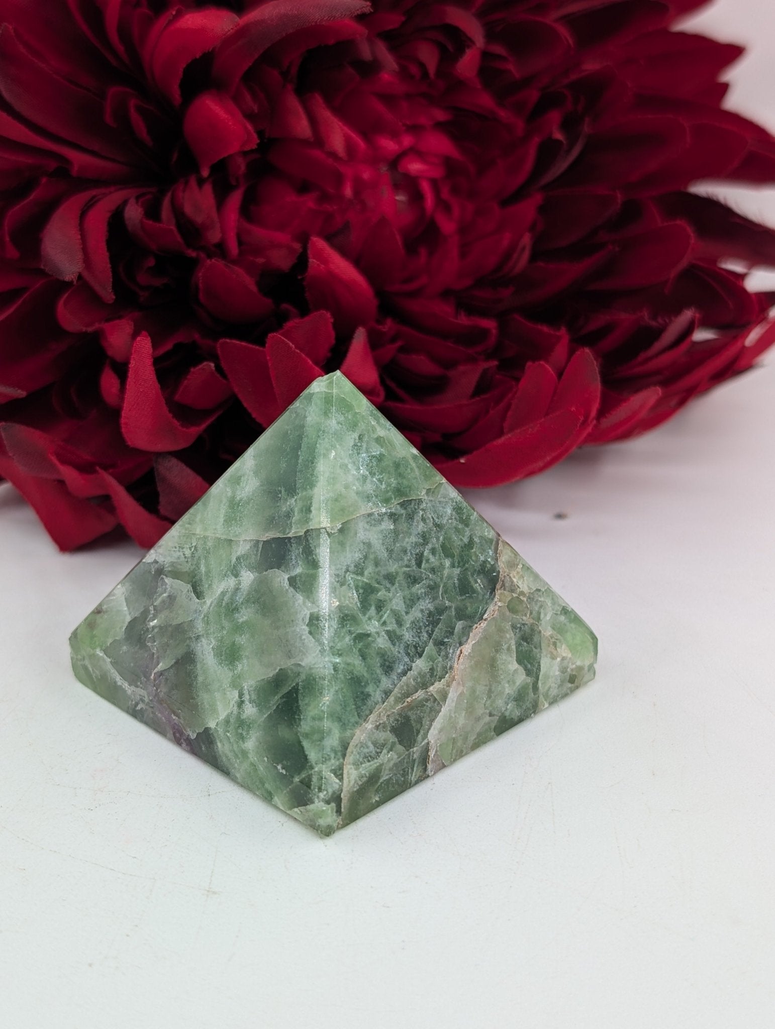 Polished Green Fluorite Pyramid 55Mm featuring banded green‑purple hues and glassy clarity - Luna Panther