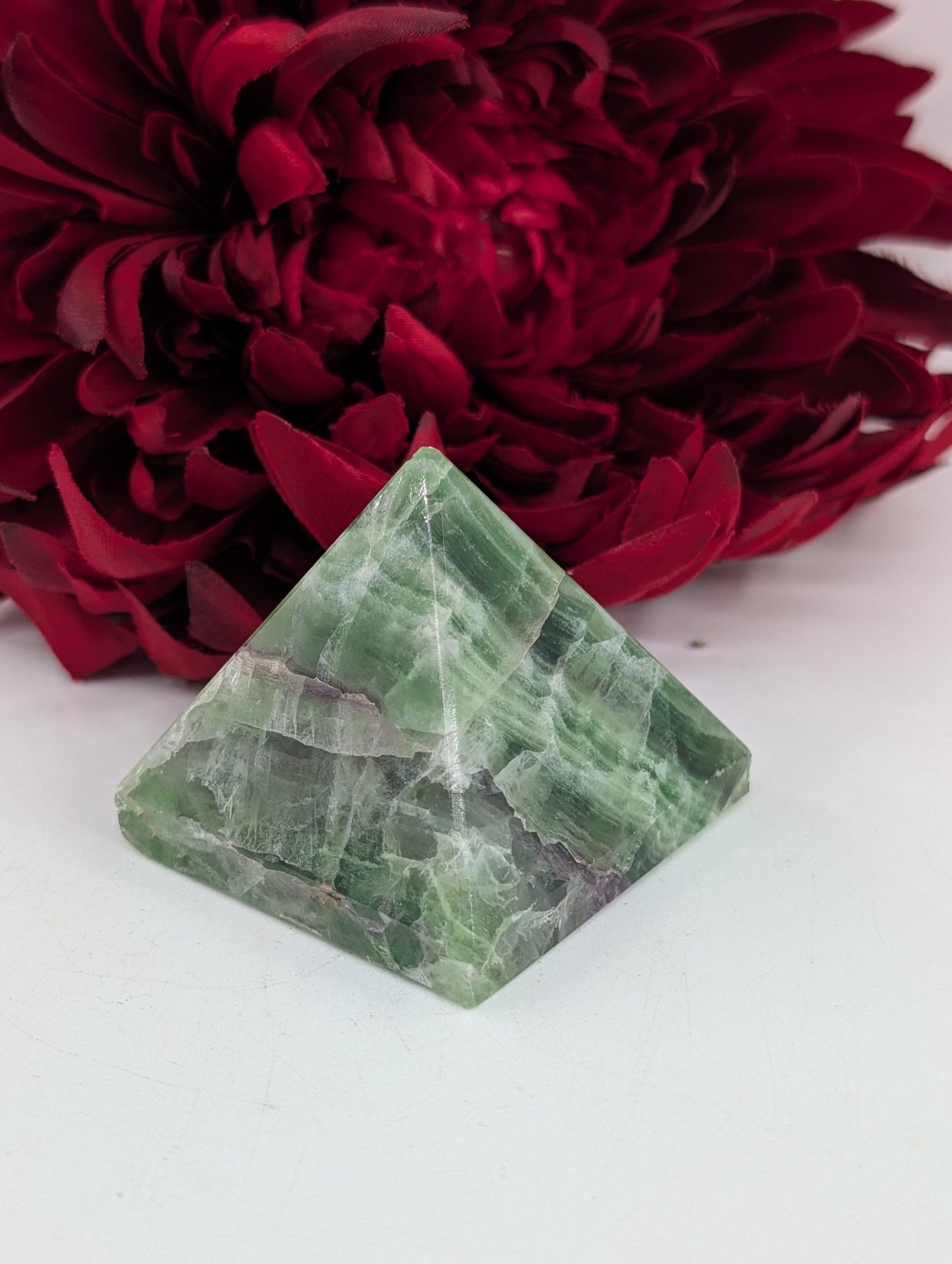Polished Green Fluorite Pyramid 55Mm featuring banded green‑purple hues and glassy clarity - Luna Panther