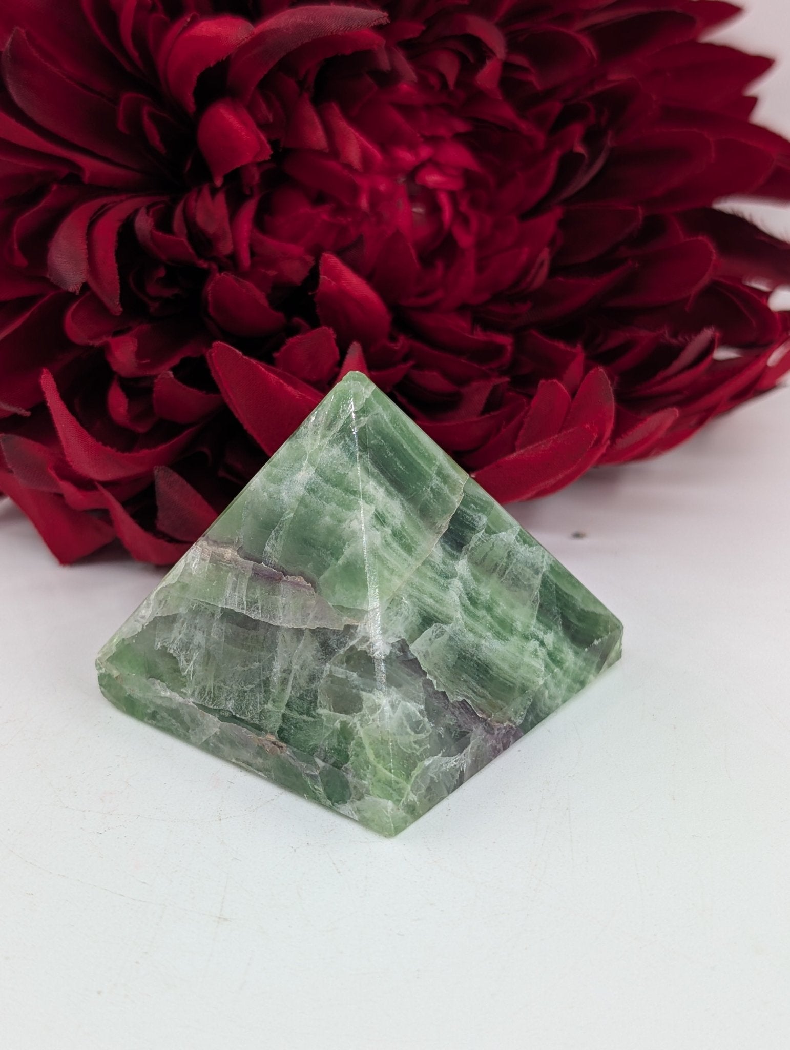 Polished Green Fluorite Pyramid 55Mm featuring banded green‑purple hues and glassy clarity - Luna Panther