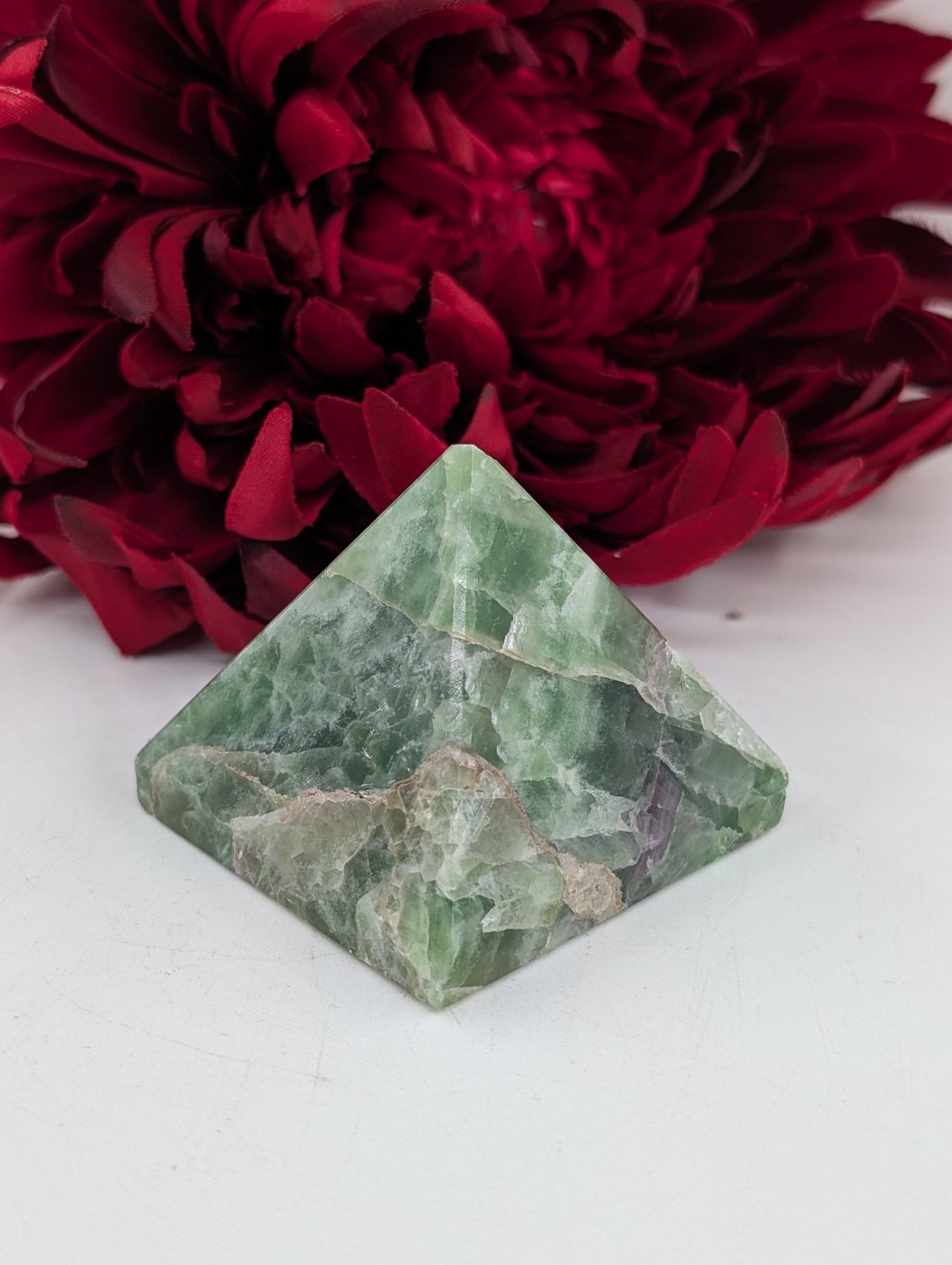Polished Green Fluorite Pyramid 55Mm featuring banded green‑purple hues and glassy clarity - Luna Panther