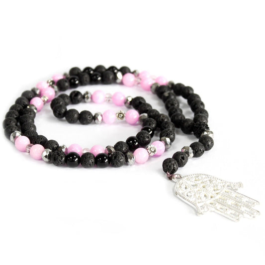 Polished Hamsa / Pink & Black - Gemstone Necklace featuring natural patterning and unique variations - Luna Panther