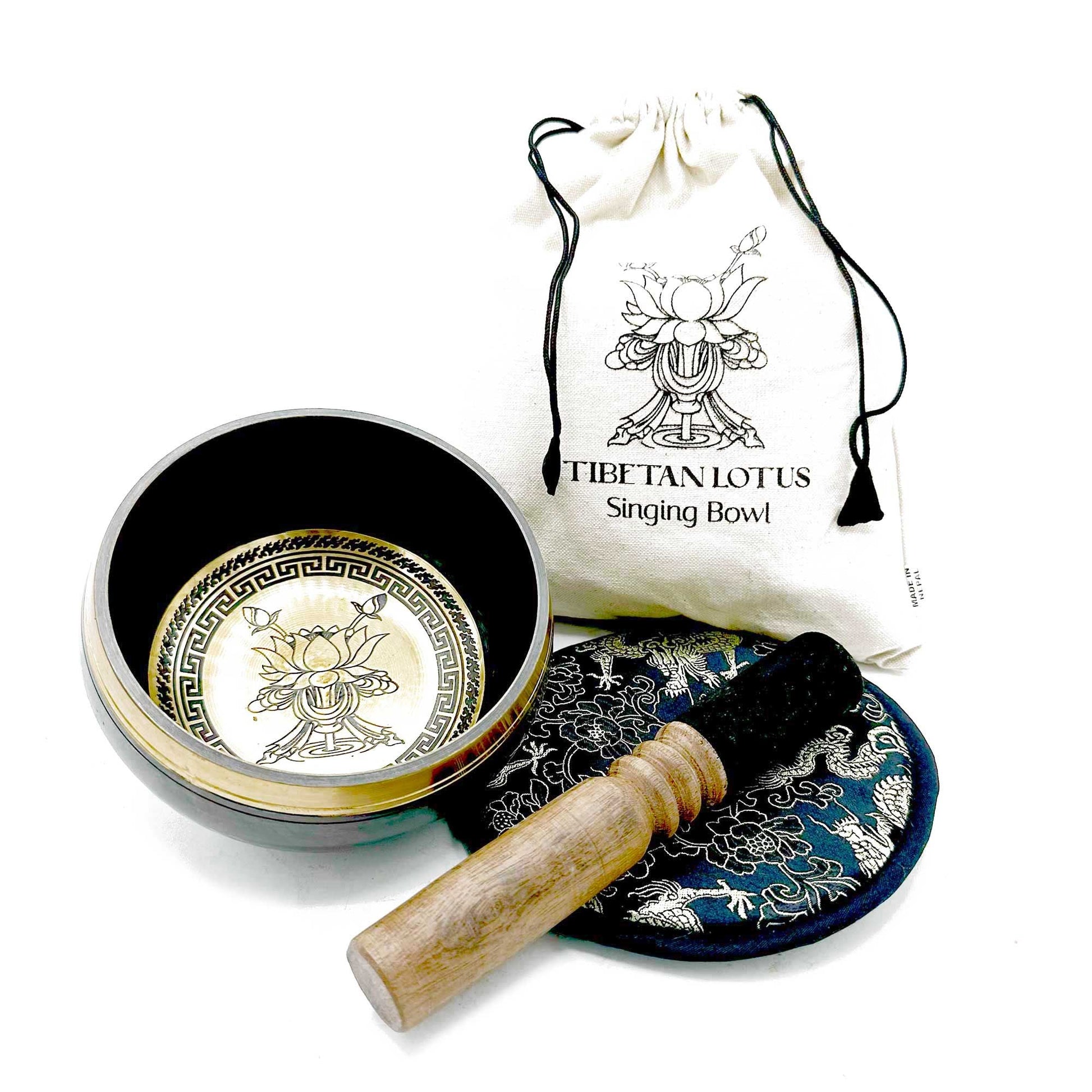 Polished Hand Beaten & Engraved Singing Bowl Gift Set - 14cm - Lotus Flower featuring natural patterning and unique variations - Luna Panther