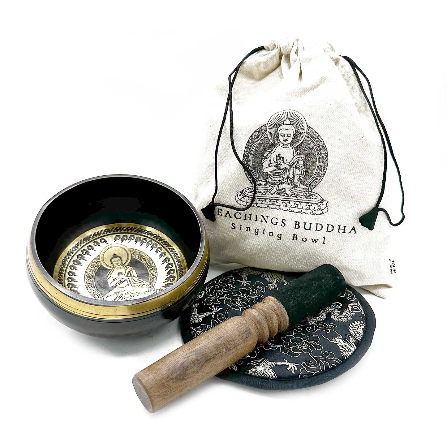 Polished Hand Beaten & Engraved Singing Bowl Gift Set - 14cm - Teachings Buddha featuring natural patterning and unique variations - Luna Panther
