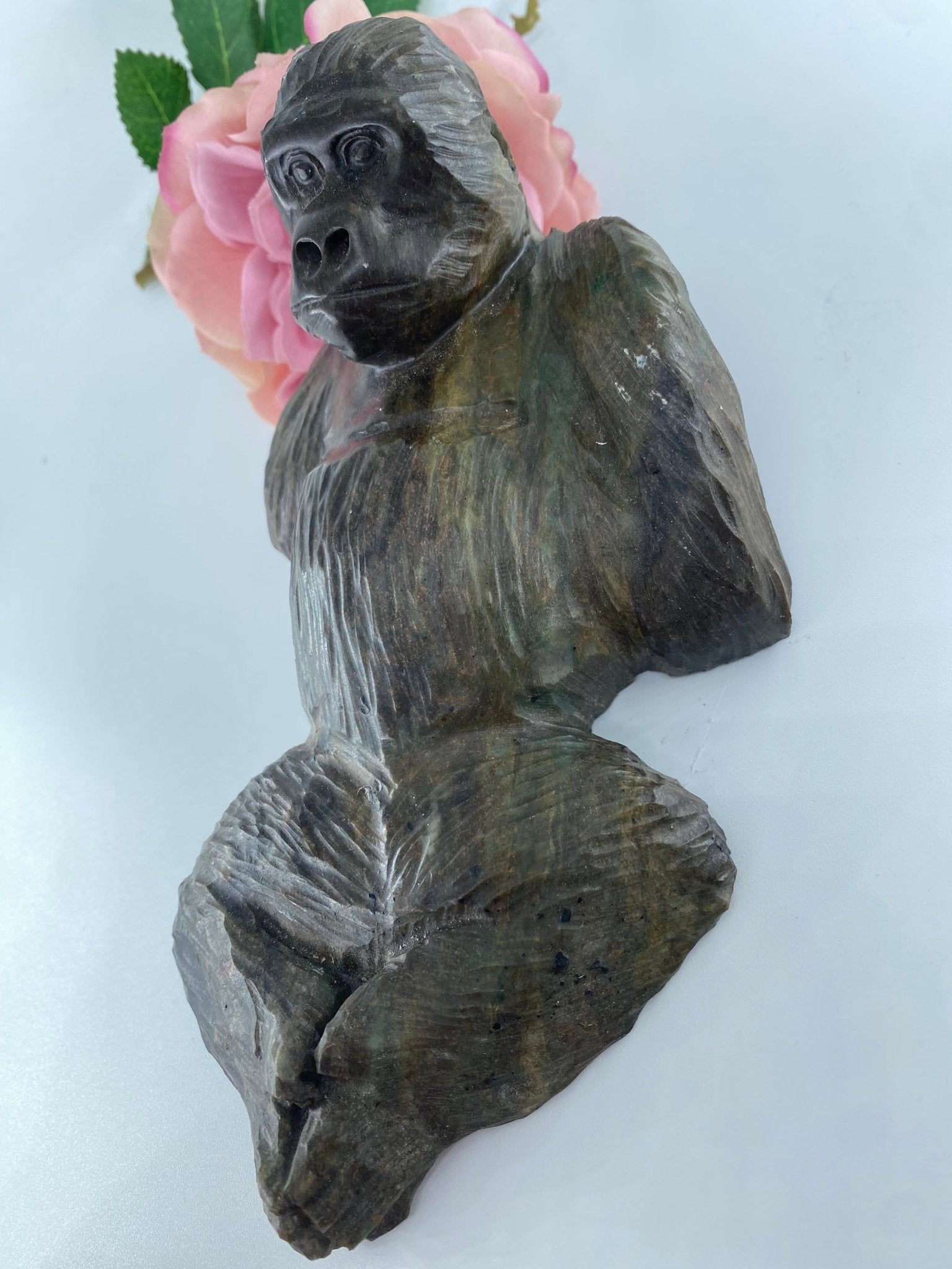 Polished Hand Carved Verdite Gorilla Sculpture featuring natural patterning and unique variations - Luna Panther