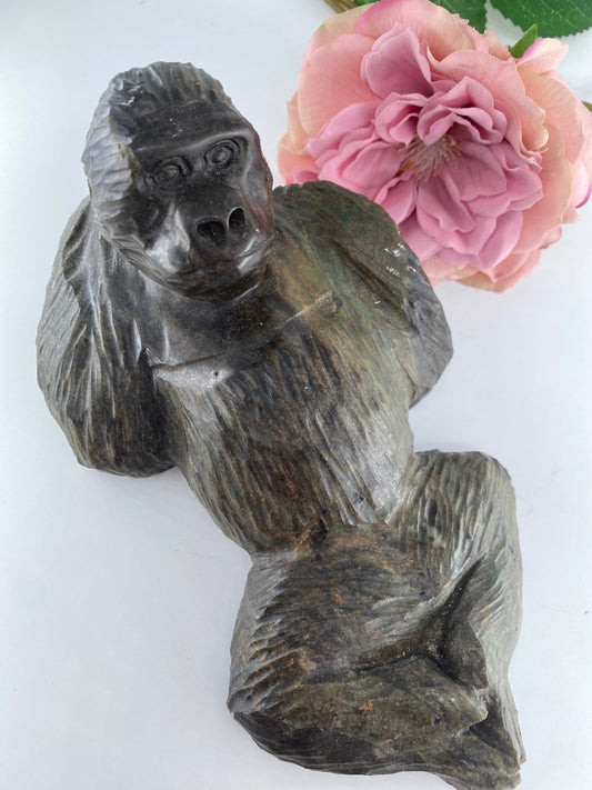 Polished Hand Carved Verdite Gorilla Sculpture featuring natural patterning and unique variations - Luna Panther alternate view