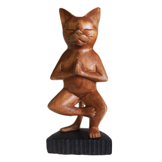 Hand-Carved Yoga Cats – One Leg — sculptures & statues, image 1 of 2.