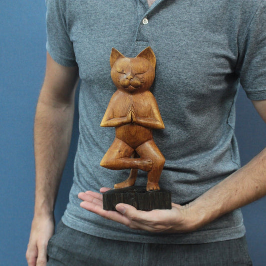 Hand-Carved Yoga Cats – One Leg — sculptures & statues, image 2 of 2. alternate view
