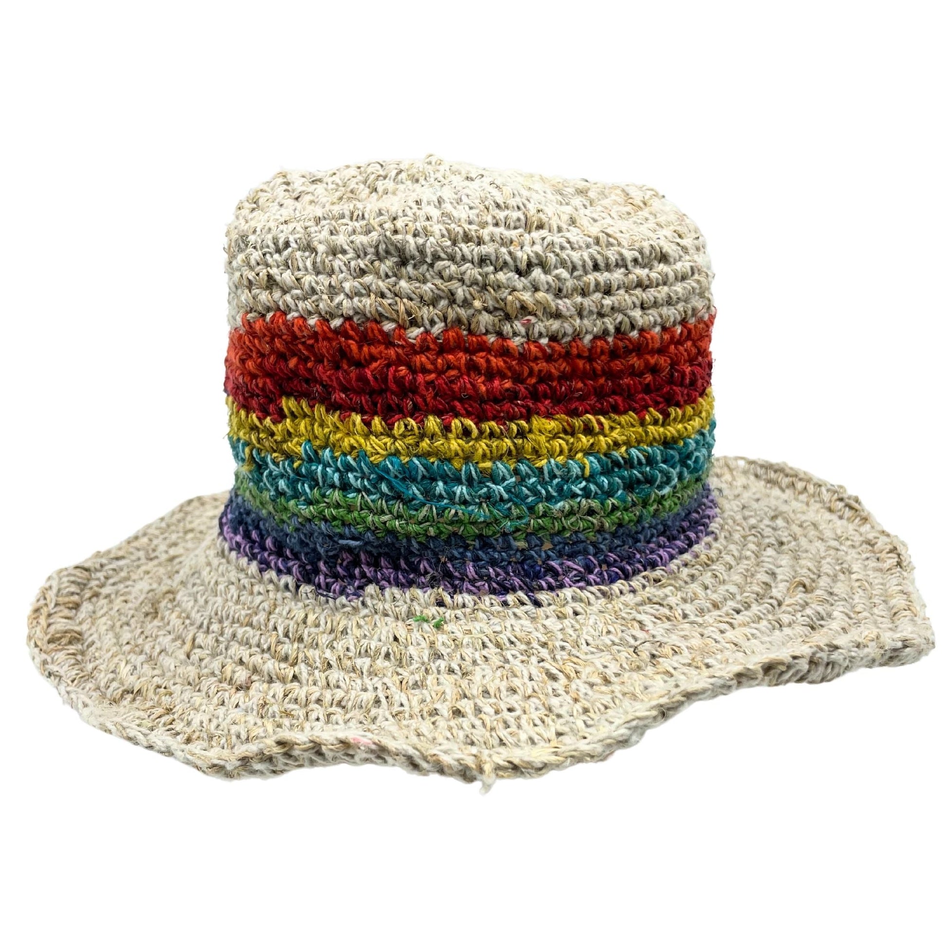Polished Hand-Knited Hemp & Cotton Boho Festival Hat - Rainbow featuring natural patterning and unique variations - Luna Panther