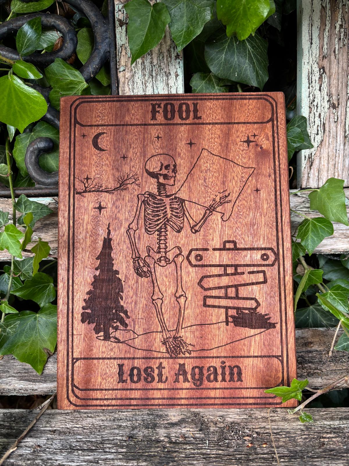 Polished Handcrafted Wooden Tarot Card Fool Lost Again featuring natural patterning and unique variations - Luna Panther