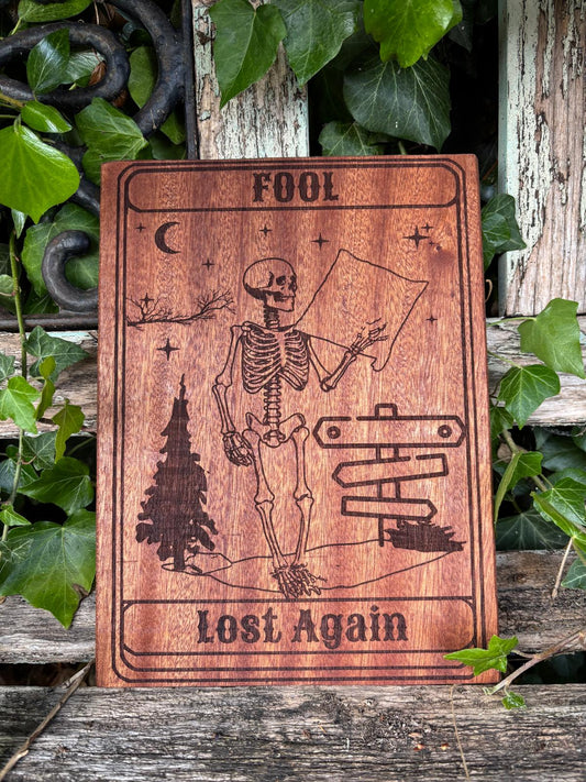 Polished Handcrafted Wooden Tarot Card Fool Lost Again featuring natural patterning and unique variations - Luna Panther alternate view
