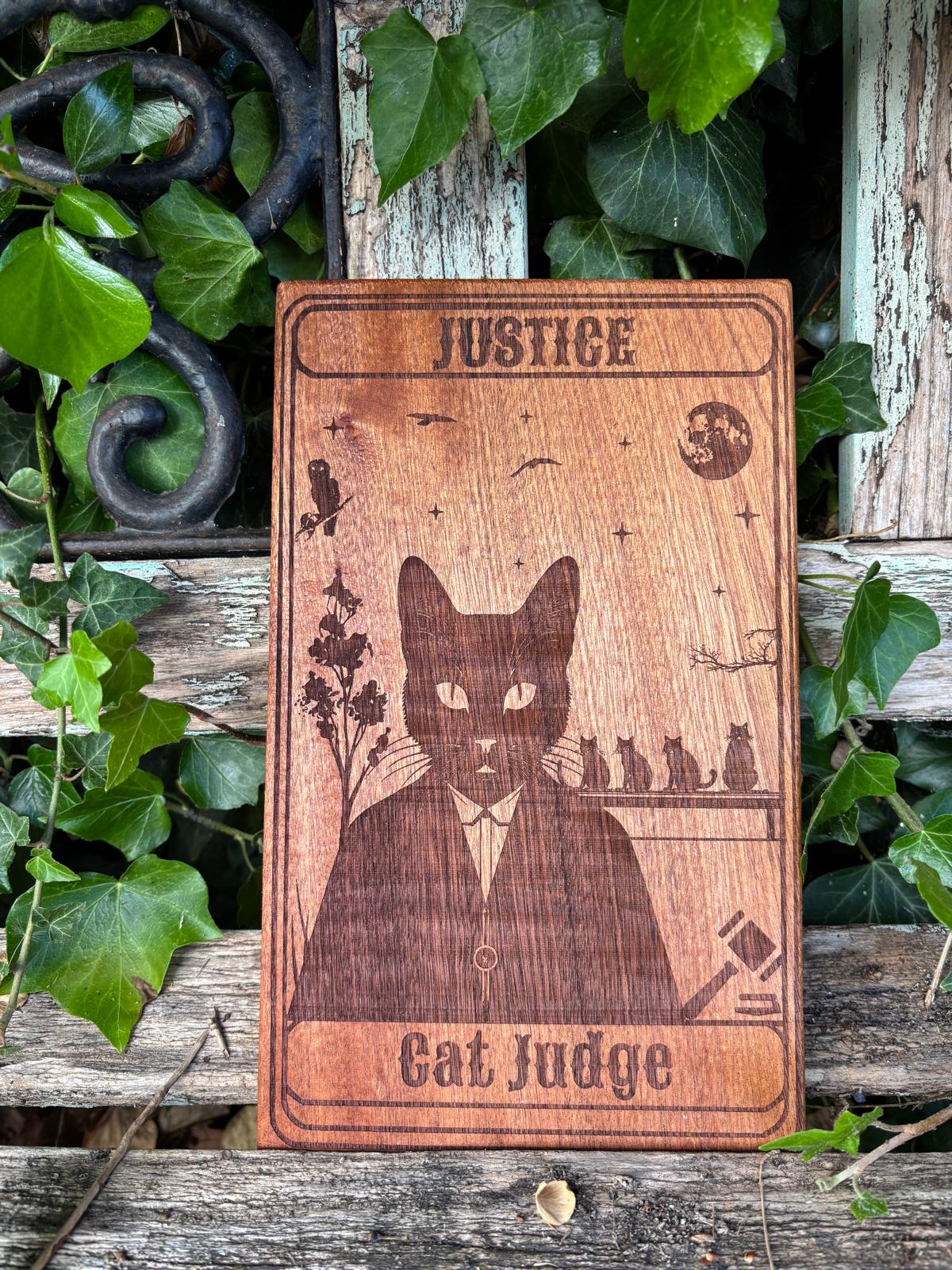Polished Wooden Tarot Card Justice Cat Judge featuring natural patterning and unique variations - Luna Panther