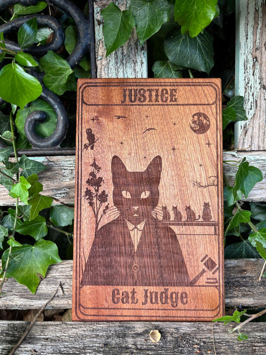 Polished Wooden Tarot Card Justice Cat Judge featuring natural patterning and unique variations - Luna Panther alternate view