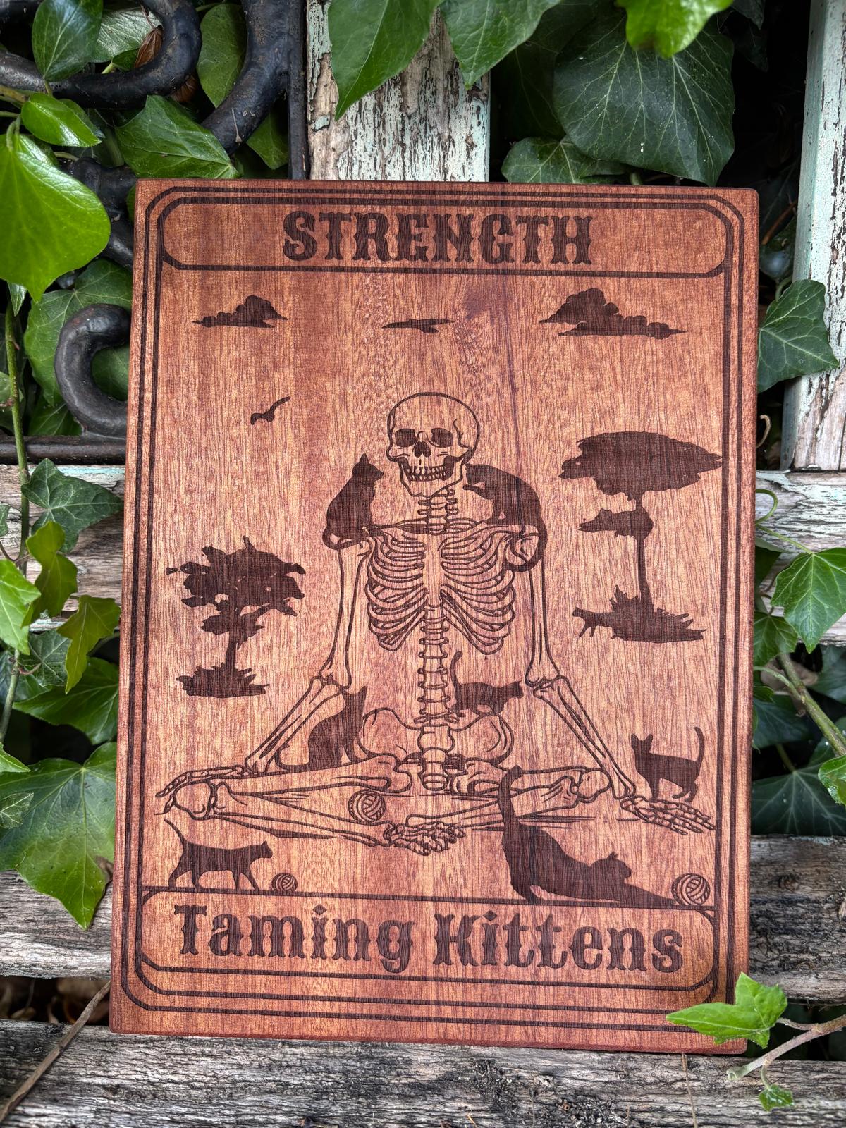 Polished Handcrafted Wooden Tarot Card Strength Taming Kittens featuring natural patterning and unique variations - Luna Panther