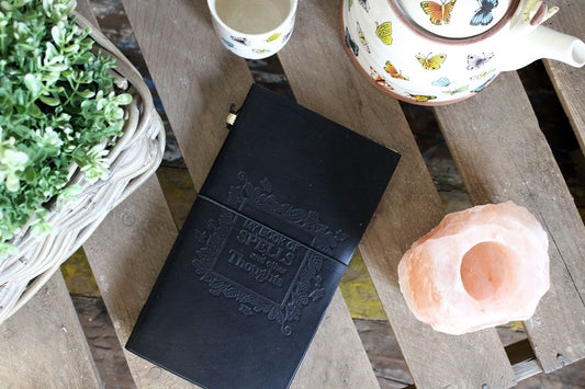 Handmade Leather Journal - My Book of Spells and other Thoughts - Black - Luna Panther alternate view
