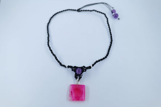Polished Handmade Micro Macrame Necklace With Dyed Onyx and Amethyst Beads featuring rich purple colour and natural clarity - Luna Panther