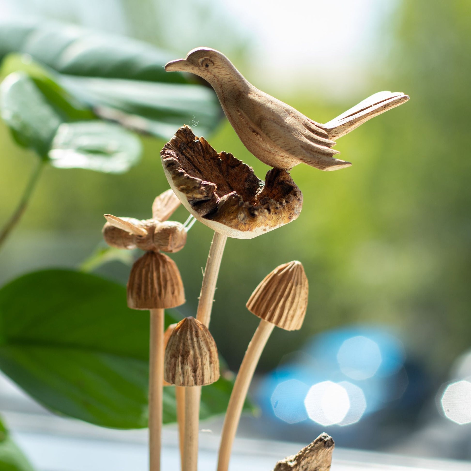 Handmade Parasite Wood Art Carving - Bird & Bee on Mushrooms - Luna Panther