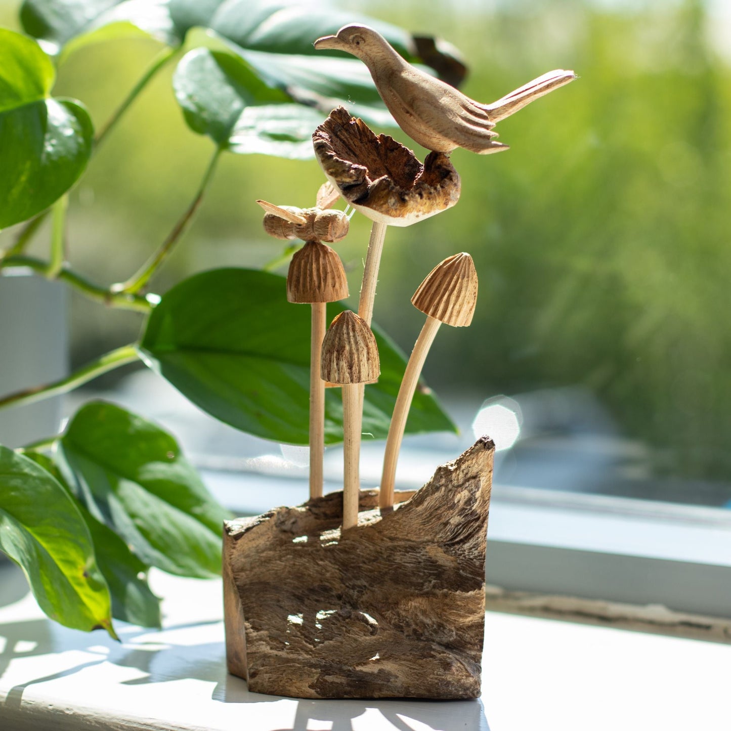Handmade Parasite Wood Art Carving - Bird & Bee on Mushrooms - Luna Panther