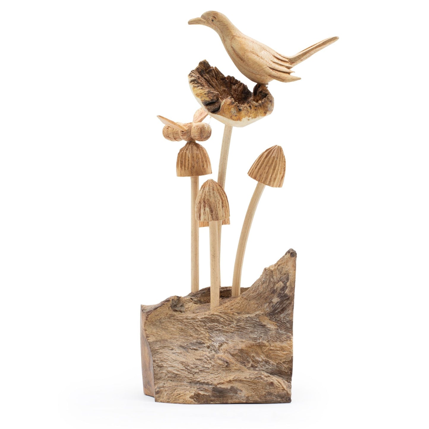 Handmade Parasite Wood Art Carving - Bird & Bee on Mushrooms - Luna Panther