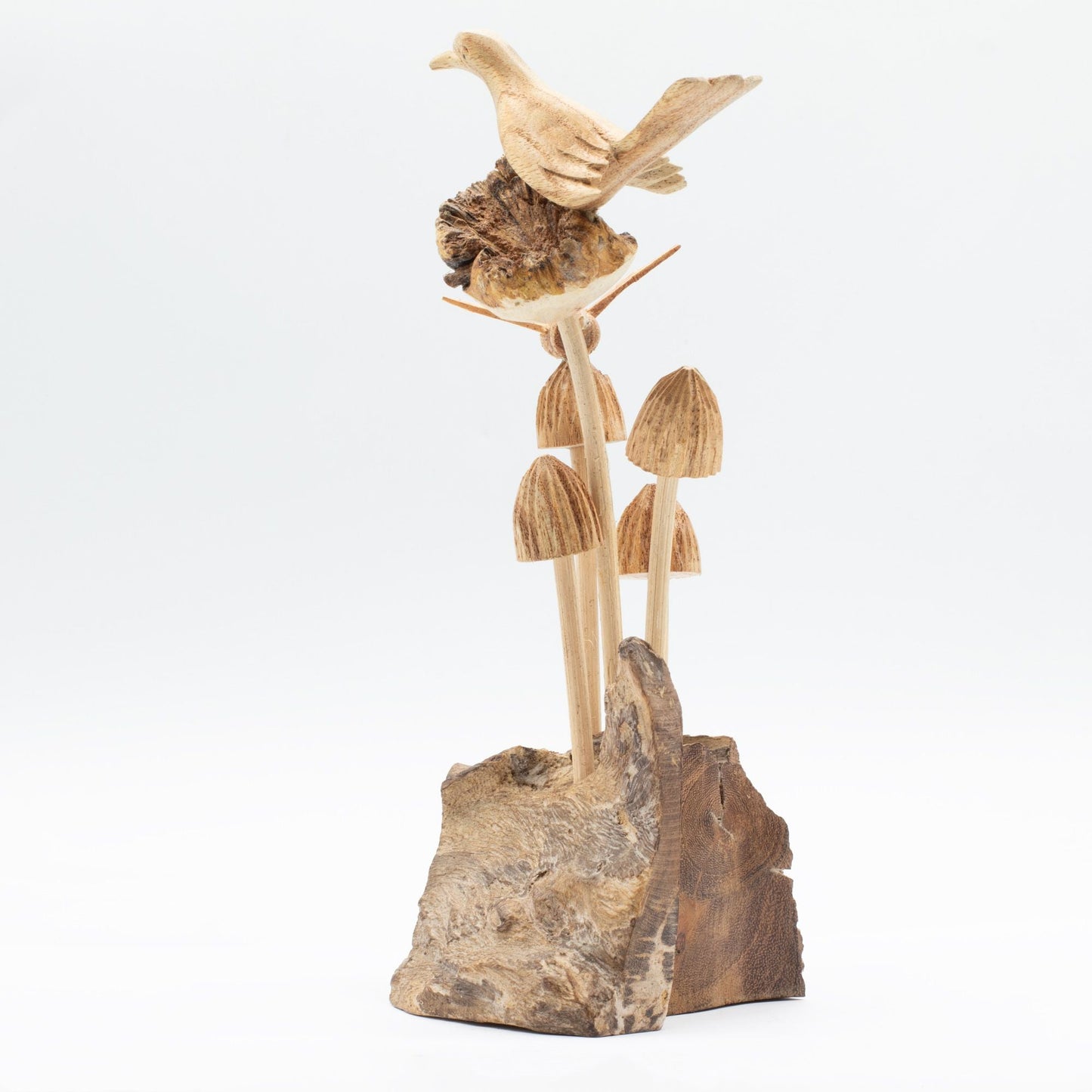 Handmade Parasite Wood Art Carving - Bird & Bee on Mushrooms - Luna Panther