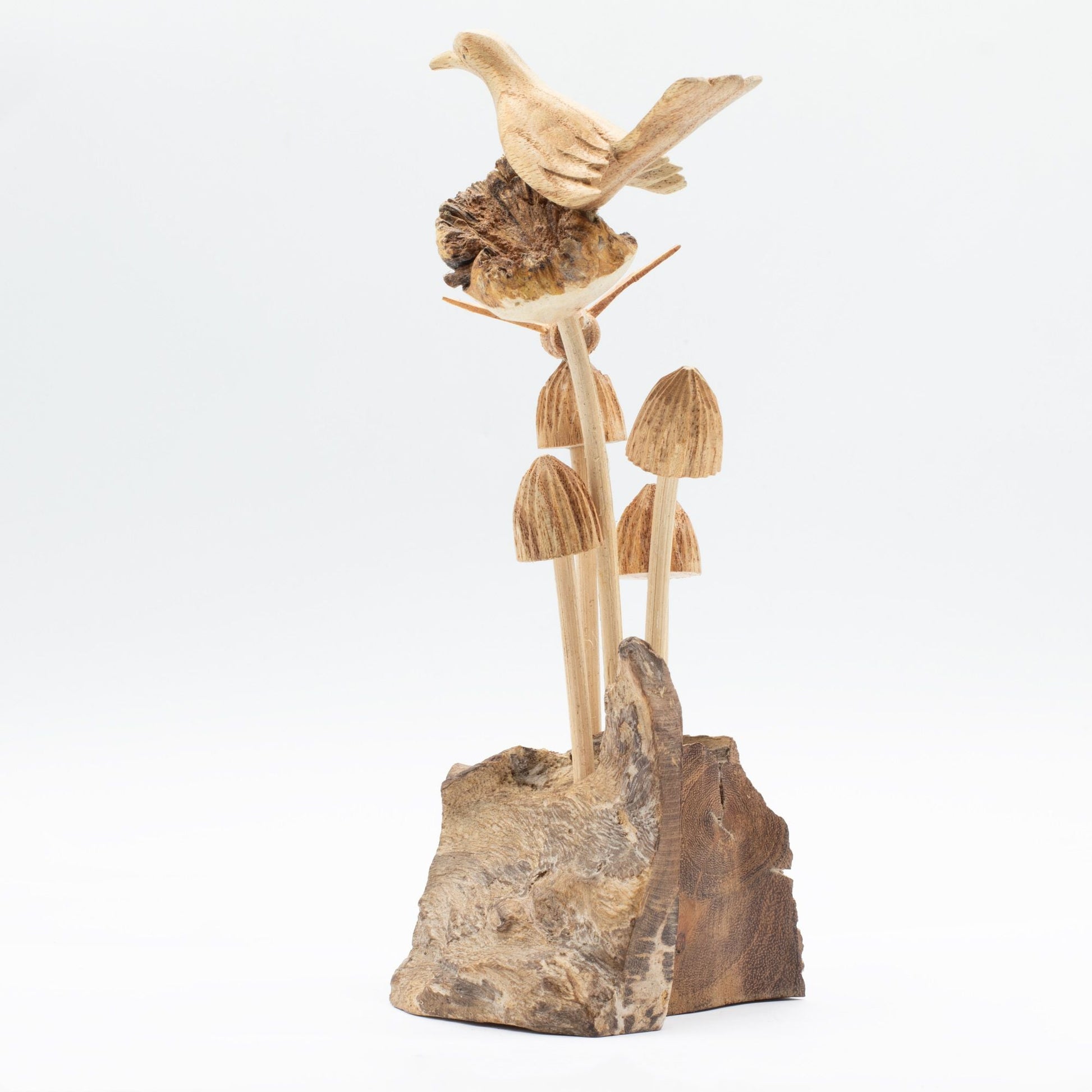 Handmade Parasite Wood Art Carving - Bird & Bee on Mushrooms - Luna Panther