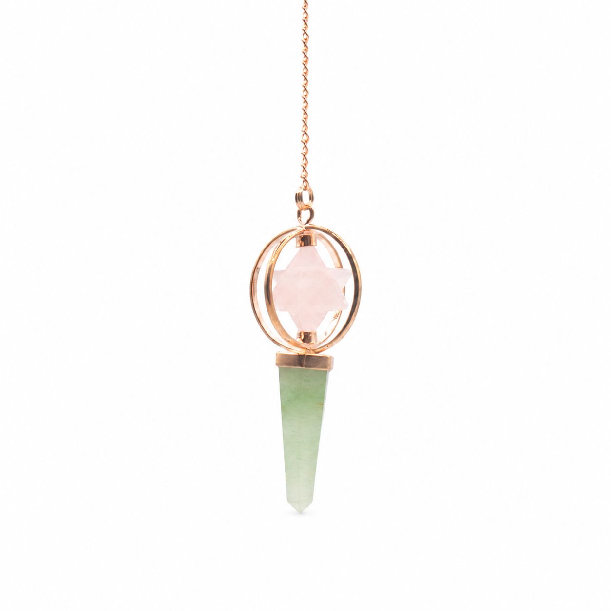 Heart Compass – Two Piece Spinning Merkaba Star in Copper Pendulum – Rose Quartz & Green Aventurine - Luna Panther
