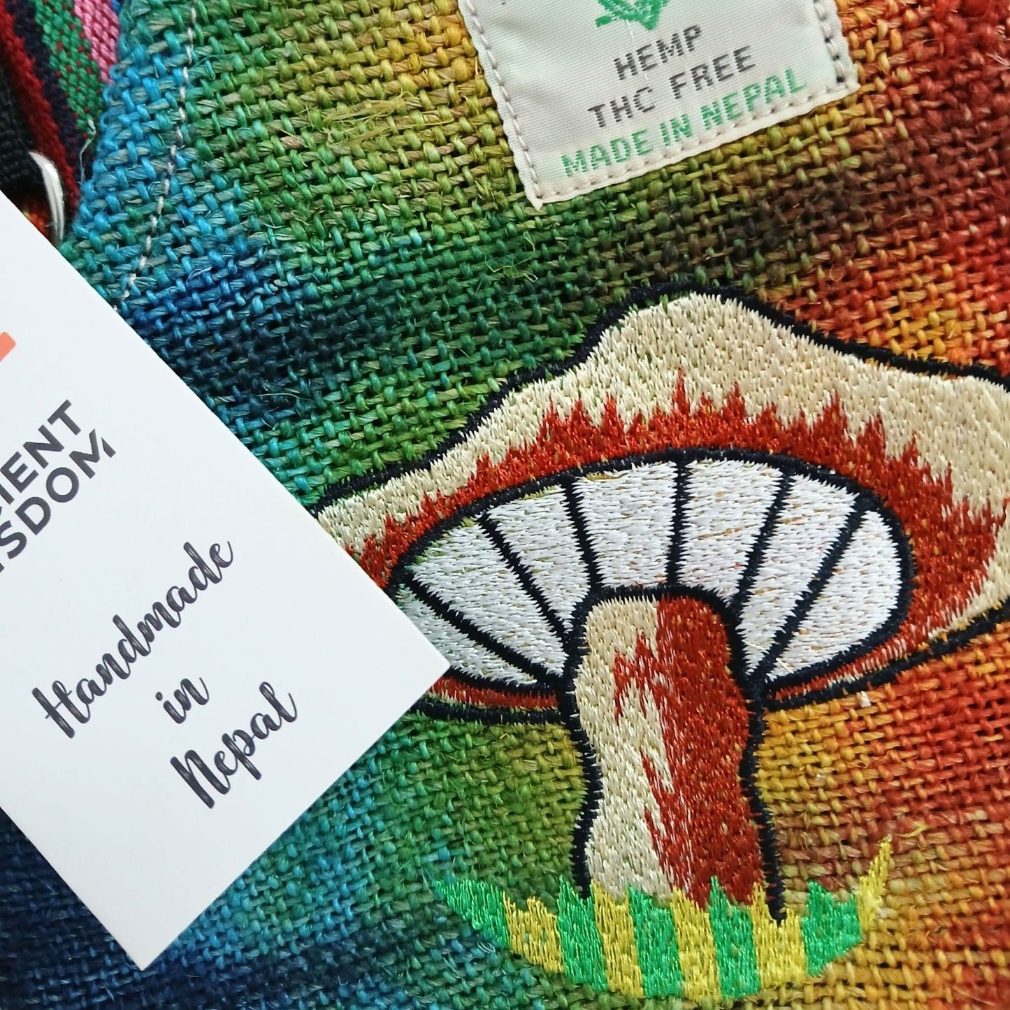 Polished Hemp Embroidery Mushroom Party Bag - Orange Mushrooms featuring natural patterning and unique variations - Luna Panther