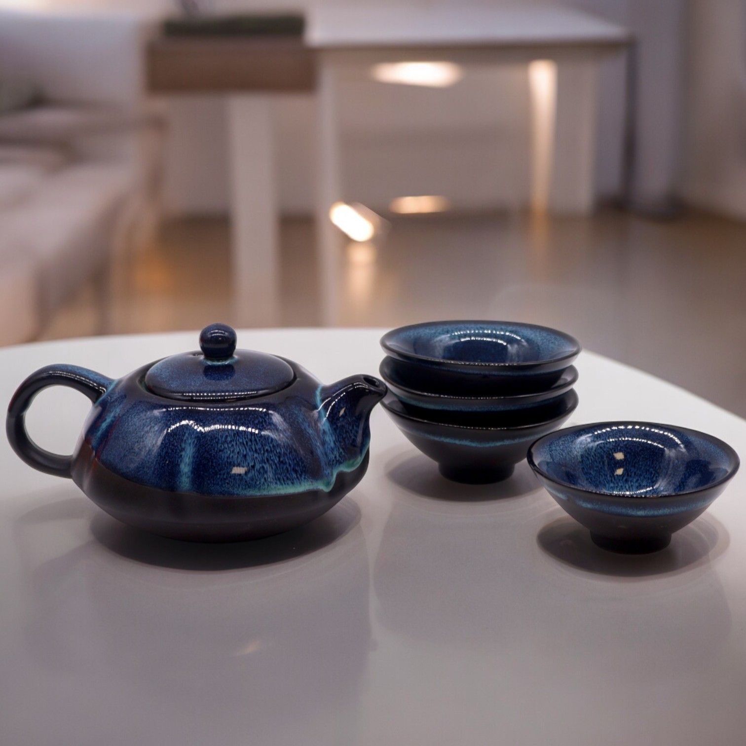 Polished Herbal Blues Teapot Set - Pot & Four Cups featuring natural patterning and unique variations - Luna Panther