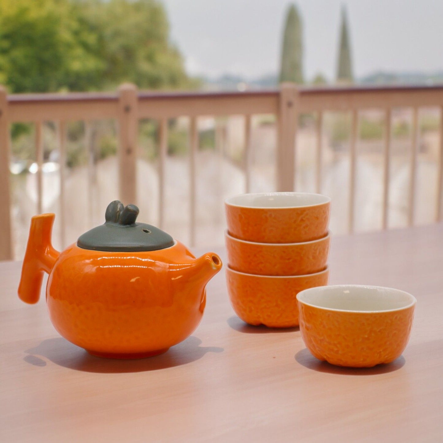 Polished Herbal Orange Teapot Set - Pot & Four Cups featuring natural patterning and unique variations - Luna Panther