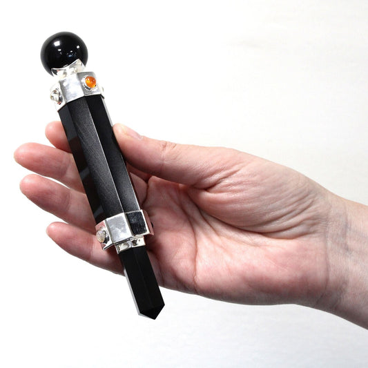 Polished Hexagonal Crystal Healing Wand - 12cm - Black Agate featuring banded patterns and glossy finish - Luna Panther