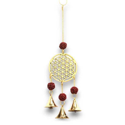 Polished Indian Chimes - Brass Flower of Life with Rudraksha Beads - 3 Bells featuring natural patterning and unique variations - Luna Panther